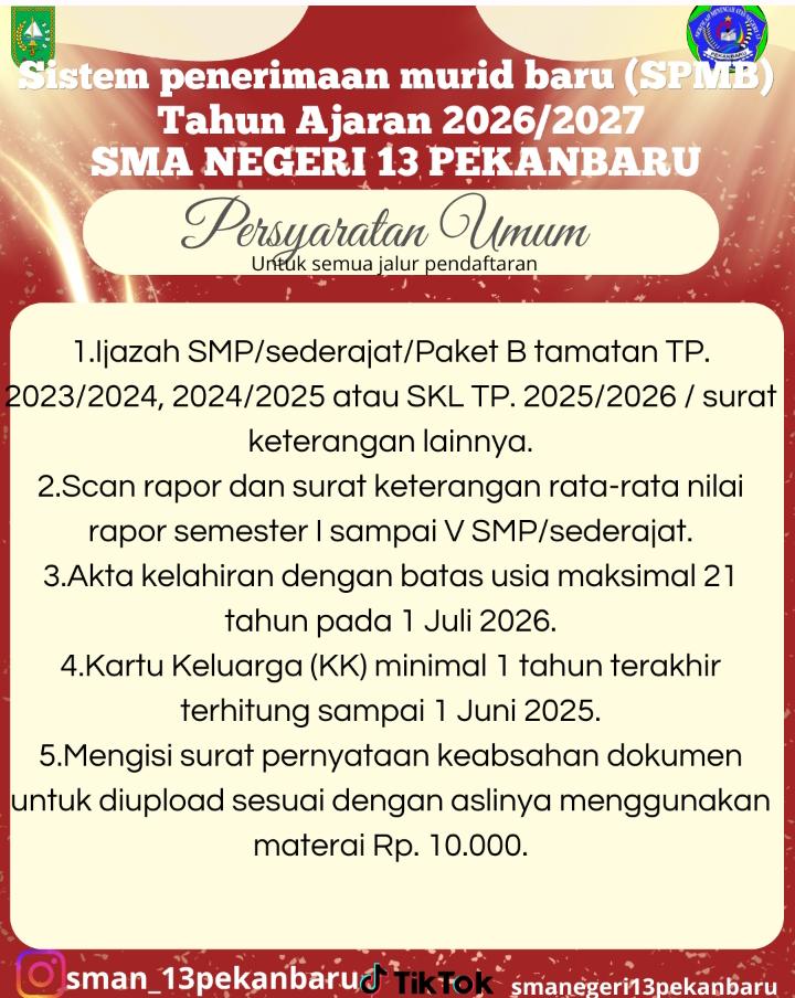 Persyaratan Umum SPMB SMAN 13 Pekanbaru Tahun 2026/2027